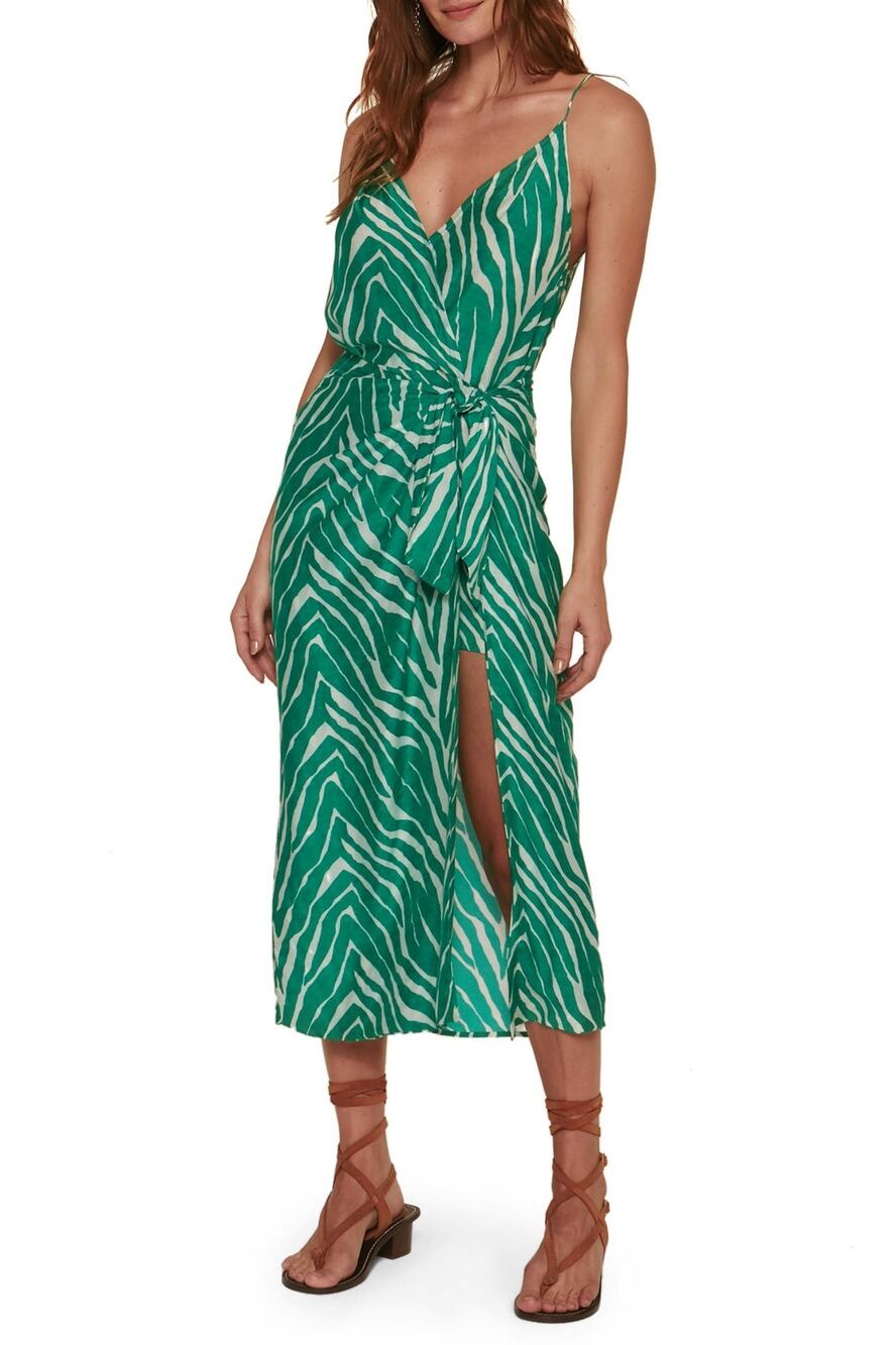 VIX Paula Hermanny Zalie Gisa Green Zebra Silk Blend Midi Wrap Dress M